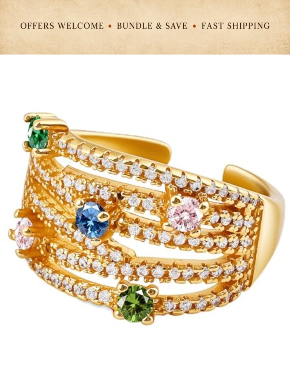 18K Gold Plated Adjustable Open Ring Cubic Zirconia Stackable Band